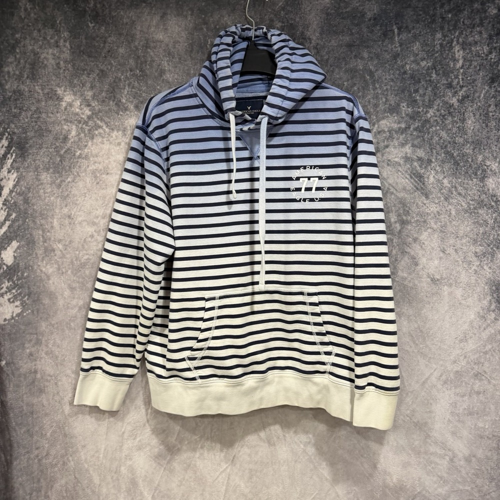 American Eagle Men's XL Tall Blue White Striped Pullover Hoodie Sweatshirt 80/20